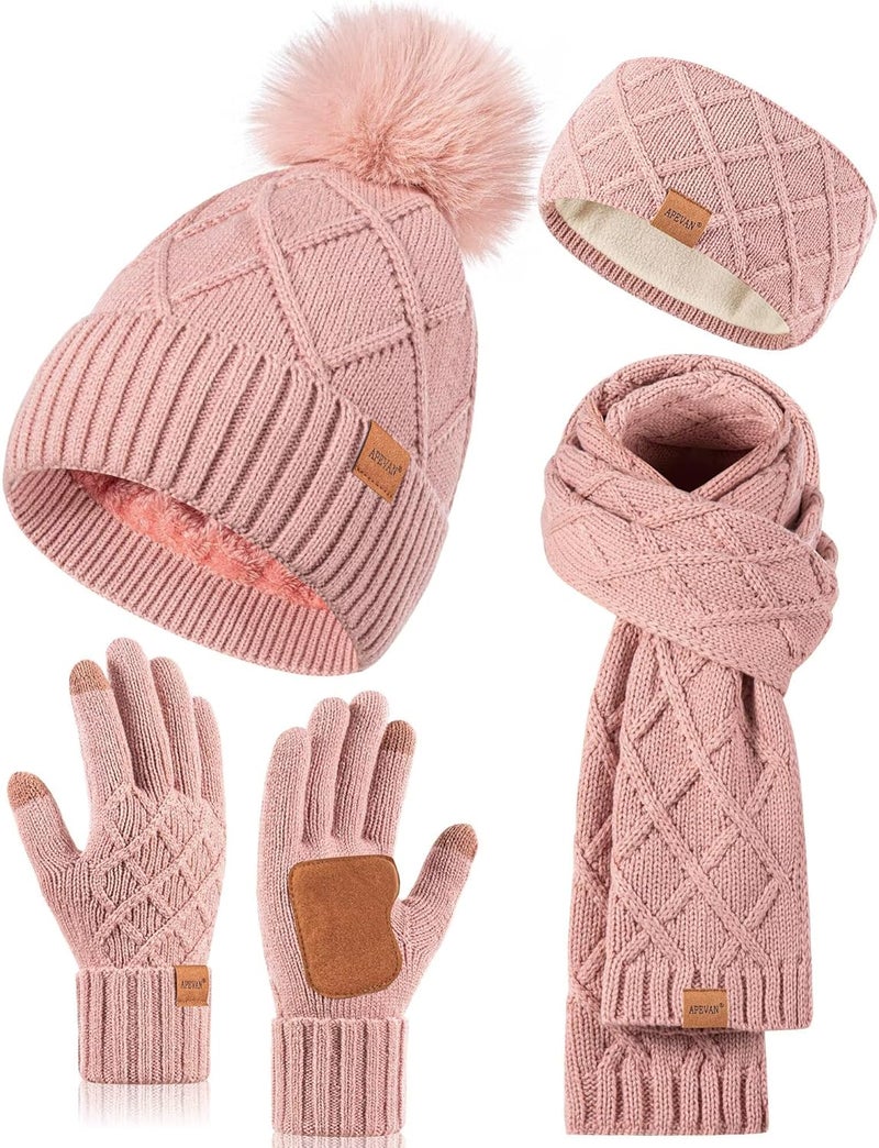 APEVAN Womens Winter Hat Gloves Scarf Headband Set, Pom Pom Beanie Long Scarf Touchscreen Gloves Ear Warmer, 4 in 1 Warm Gift Set - Image 1